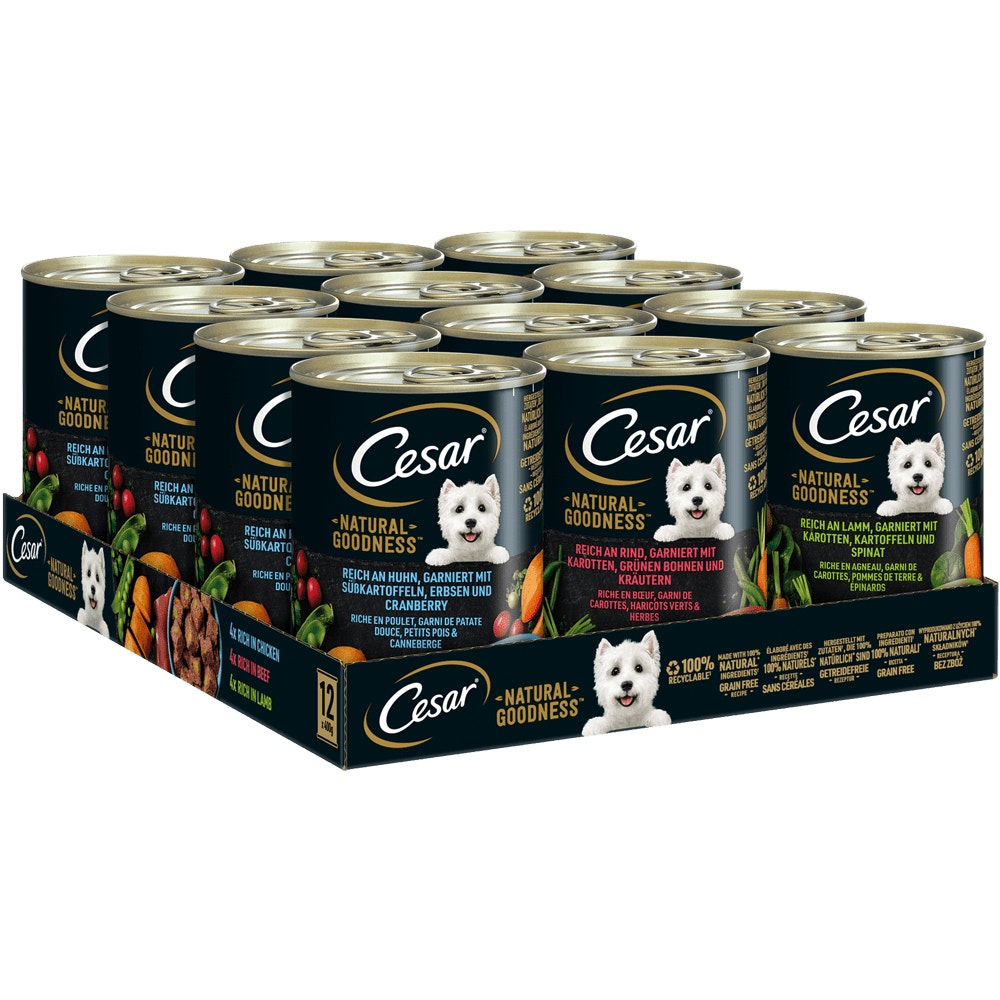 CESAR® NATURAL GOODNESS™ Terrine, 3 Varietäten, Huhn, Rind, Lamm, Multipack 12 x 400g - 1