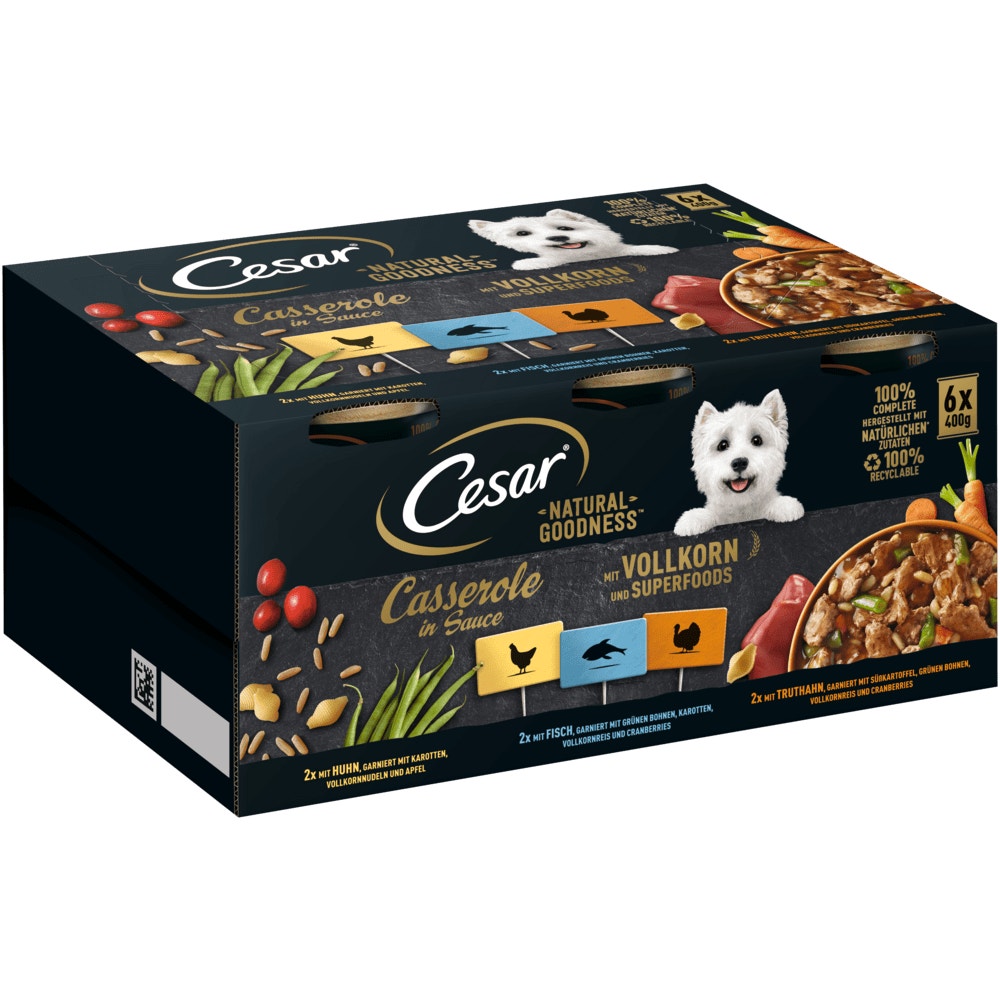 CESAR® NATURAL GOODNESS™ Casserole in Sauce mit Huhn, Fisch, Truthahn, mit Vollkorn & Superfoods, Multipack 6 x 400g - 1