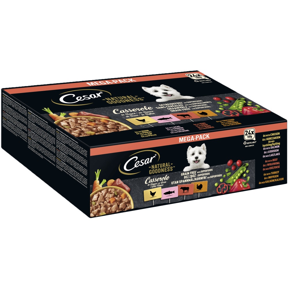 CESAR® NATURAL GOODNESS™ Casserole in Sauce, 4 Varietäten Huhn, Lachs, Rind, Truthahn, ohne Getreide, mit Superfoods, Multipack 24 x 100g - 1
